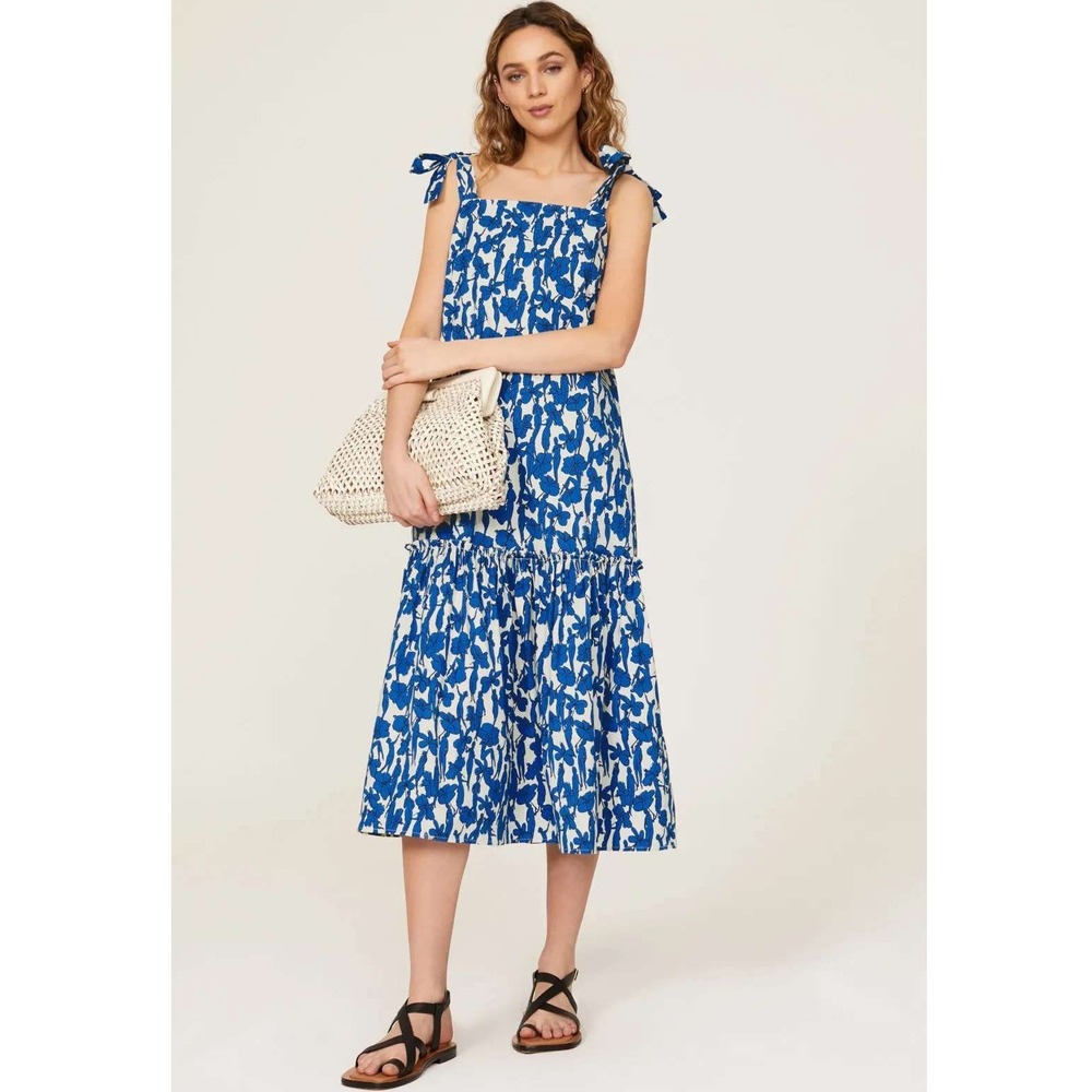 Tory Burch Blue Floral Drop Waist Tie Shoulder Midi Dress Boho Size Large